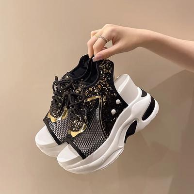 Женские сандалии из дышащей сетки, 8 см, 2024, новая удобная обувь, модные летние, с открытым носком, на платформе, танкетке, высоком скрытом каблуке, для женщин