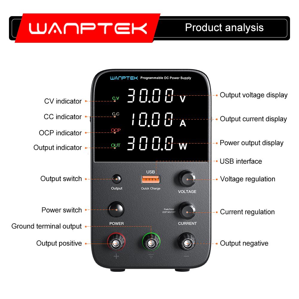 Wanptek Adjustable DC Power Supply 30V 10A 5A Lab Bench Power Source Stabilized Power Supply Voltage Regulator Switch 120V 60V5A
