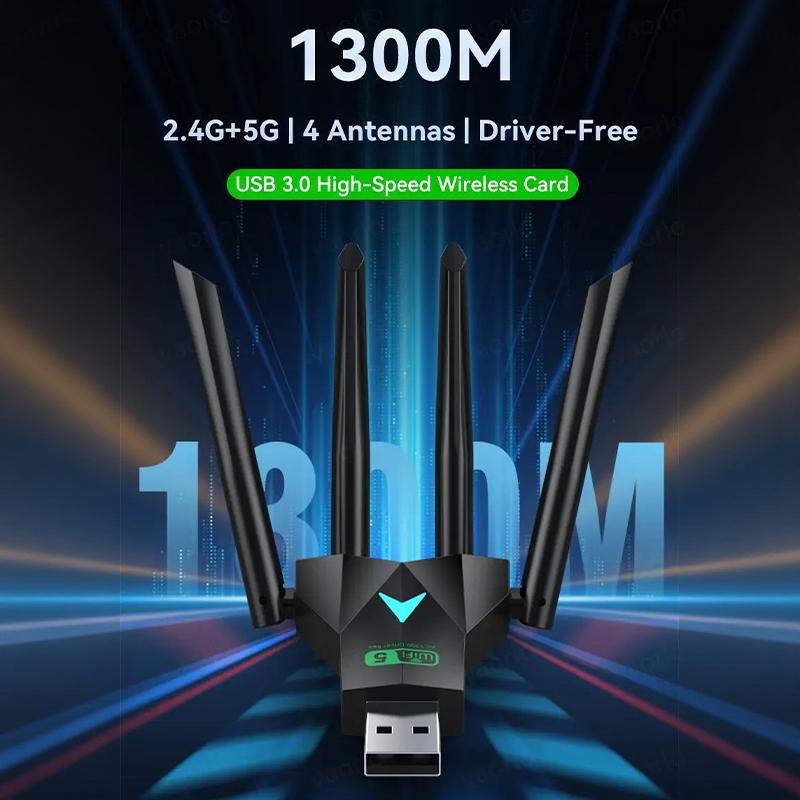 Двухдиапазонный USB-адаптер Wi-Fi 1300 Мбит/с 2,4 ГГц / 5 ГГц Wi-Fi Dongle USB 3.0 802.11Ac Беспроводной приемник с 4 антеннами для ПК/ноутбука Без драйверов