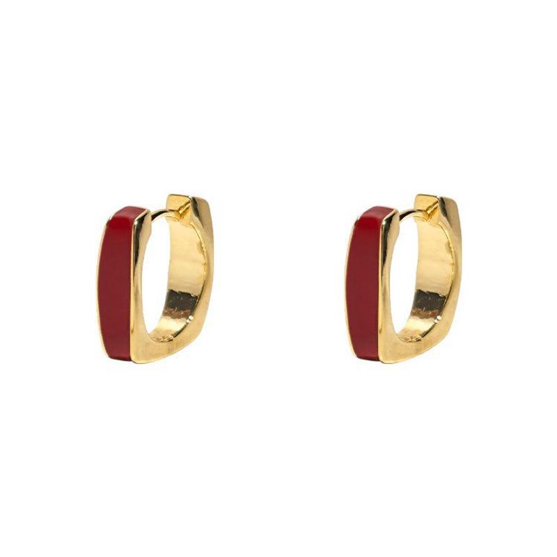 Red Ear Buckle Earrings Temperament Light Luxury Niche Design French Retro Square Earrings