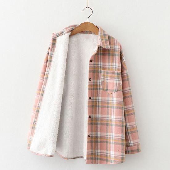 Lapel Long Sleeves Patch Pocket Single Breasted Woolen Coat Thickened Fluffy Lining Plaid Print Shirt Jacket Outerwear