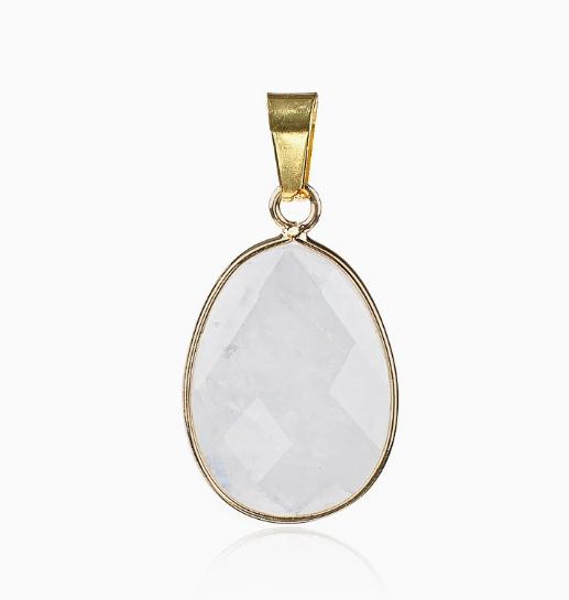 Natural Gemstone Drop Pendant Gold Edge Gemstone Faceted Oval Charm Semi-precious Crystal Necklace Pendant Amethyst Quartz Agate