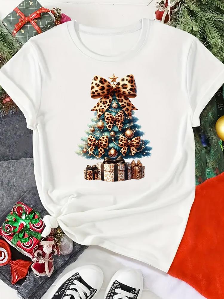 (Asian Size) Print Merry Christmas O-neck Women's Top New Year T Clothing Tree Lovely Style Cute Short Sleeve T-shirts Fashion Holiday Graphic Tee