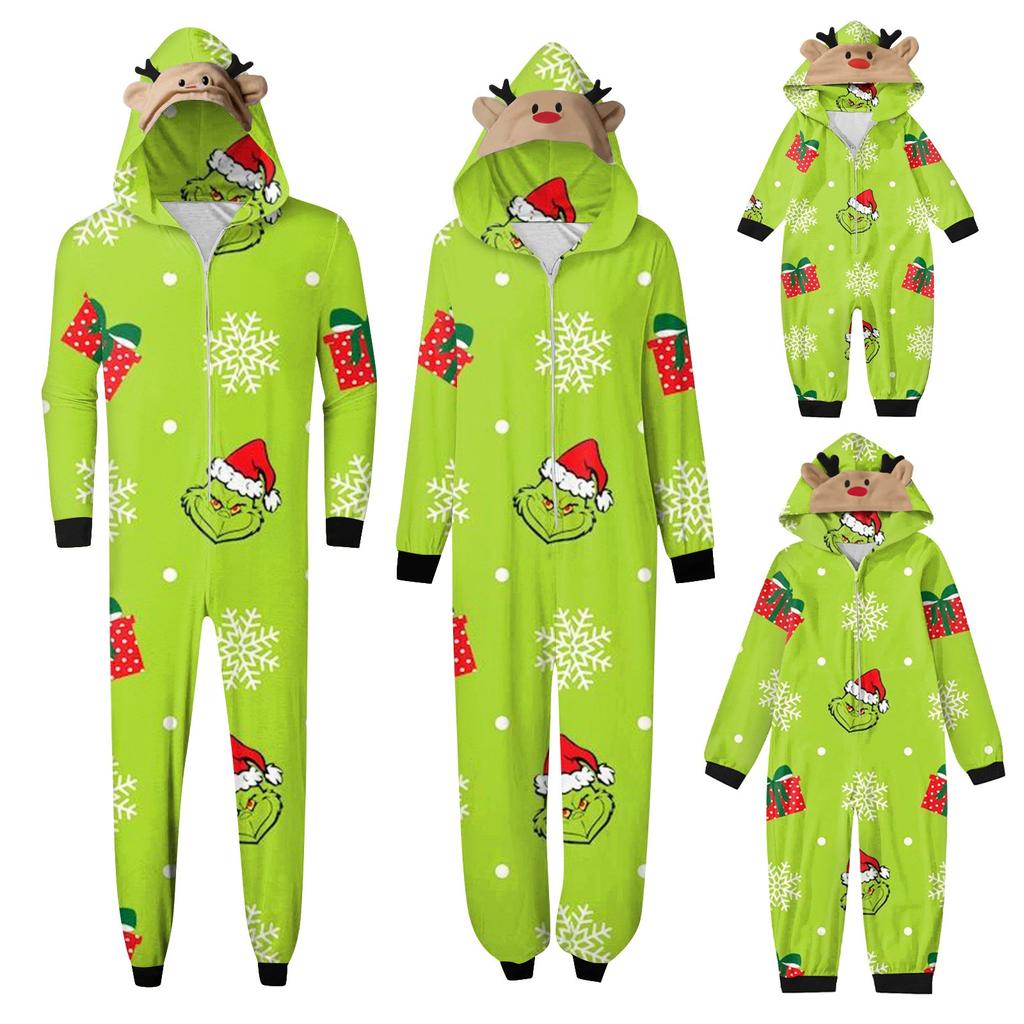 Christmas Print Family Matching Hooded Long Sleeved Zippered Jumpsuit Set