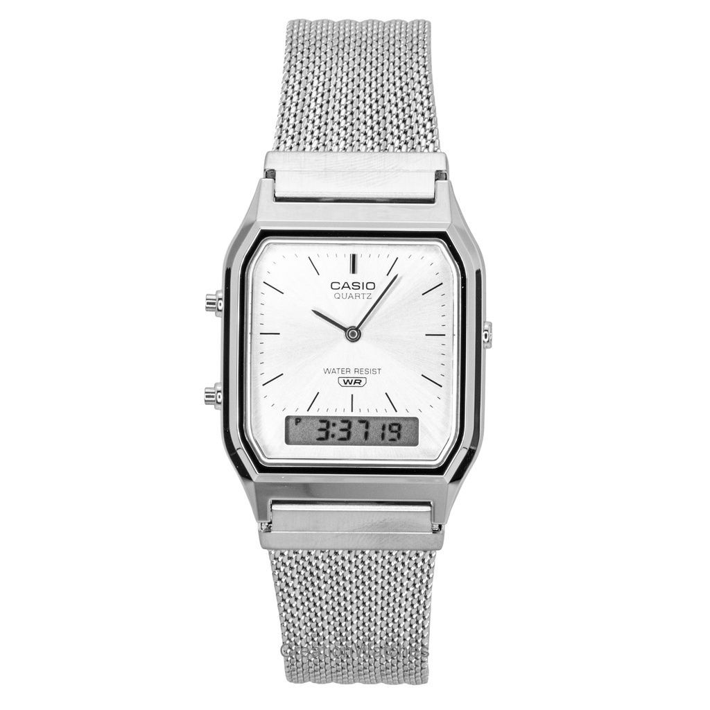 Casio Винтажные аналогово-цифровые часы унисекс с серебристым циферблатом, кварцевые, на стальном сетчатом браслете, серебристые, AQ-230EM-7A