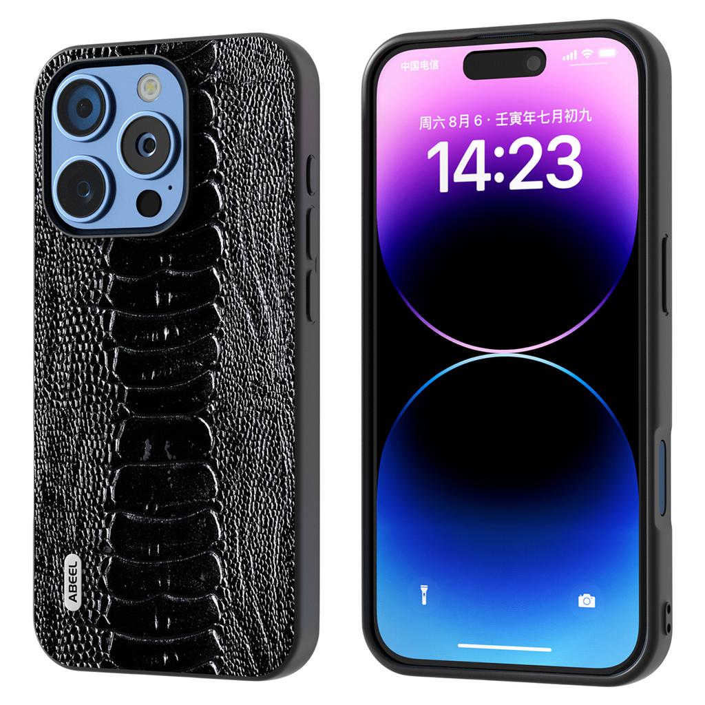 ABEEL For iPhone 16 Pro Case Crocodile Texture Genuine Cow Leather+TPU+PC Phone Cover