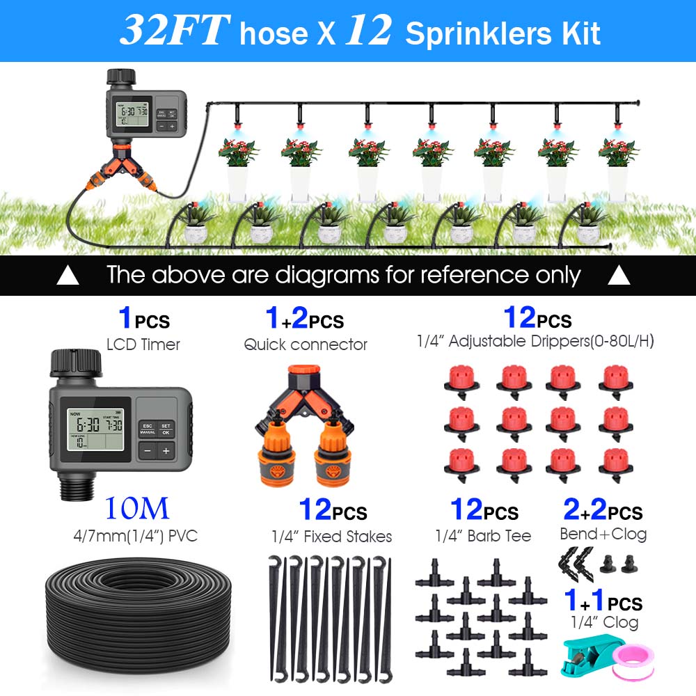 30-5m Garden LCD Button Timer Irrigation Set 0-80L/H Rotating Adjustable Nozzle Intelligent Display Automatic Watering System