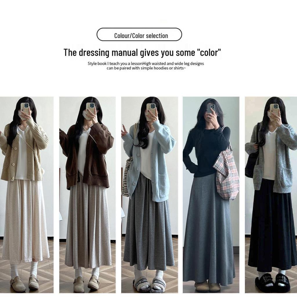 Темно-серая юбка А-силуэта с высокой талией для ранней осени: Женская повседневная струящаяся стройнящая юбка