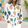 Women Plus Size White Abstract Printed Collared Long Sleeve Button Front Curved Hem Shirt