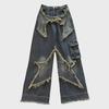 2023 High-Waisted Dark Retro Star Wide-Leg Jeans with Raw Edge and Loose Street Style