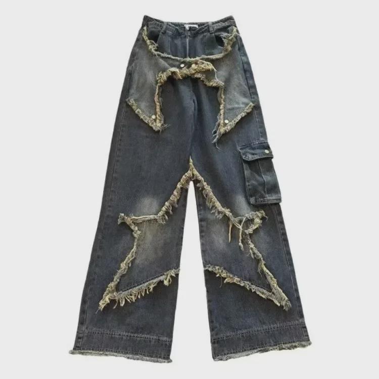 2023 High-Waisted Dark Retro Star Wide-Leg Jeans with Raw Edge and Loose Street Style