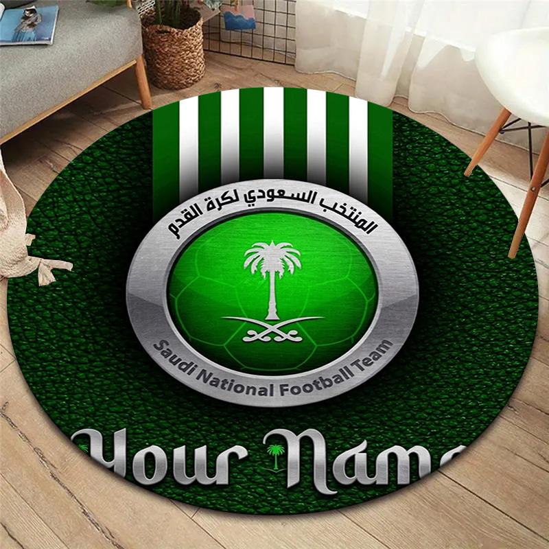 Saudi Football Crest Custom Name Round Area Rug Carpet Rug For Living Room Bedroom Sofa Playroom Decor Nonslip Floor Mat