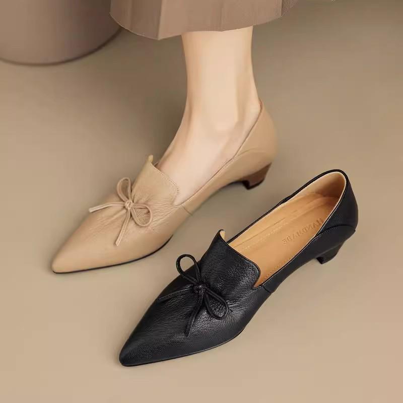 Phoentin Plus Size Office Lady Elegant Black Shoes Women's Pointed Toe Mid Heels Genuine Leather Retro Pumps