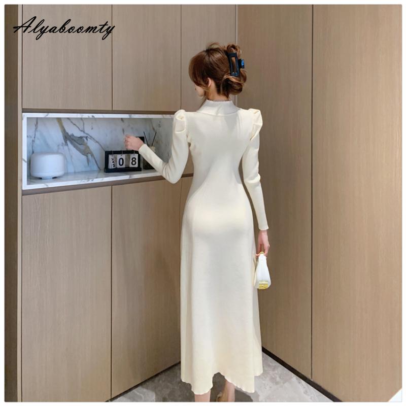 Французский стиль, осенне-зимнее женское платье-свитер миди, с половиной воротником, черное, серое, кофейное, вязаное платье, элегантное женственное трикотажное платье