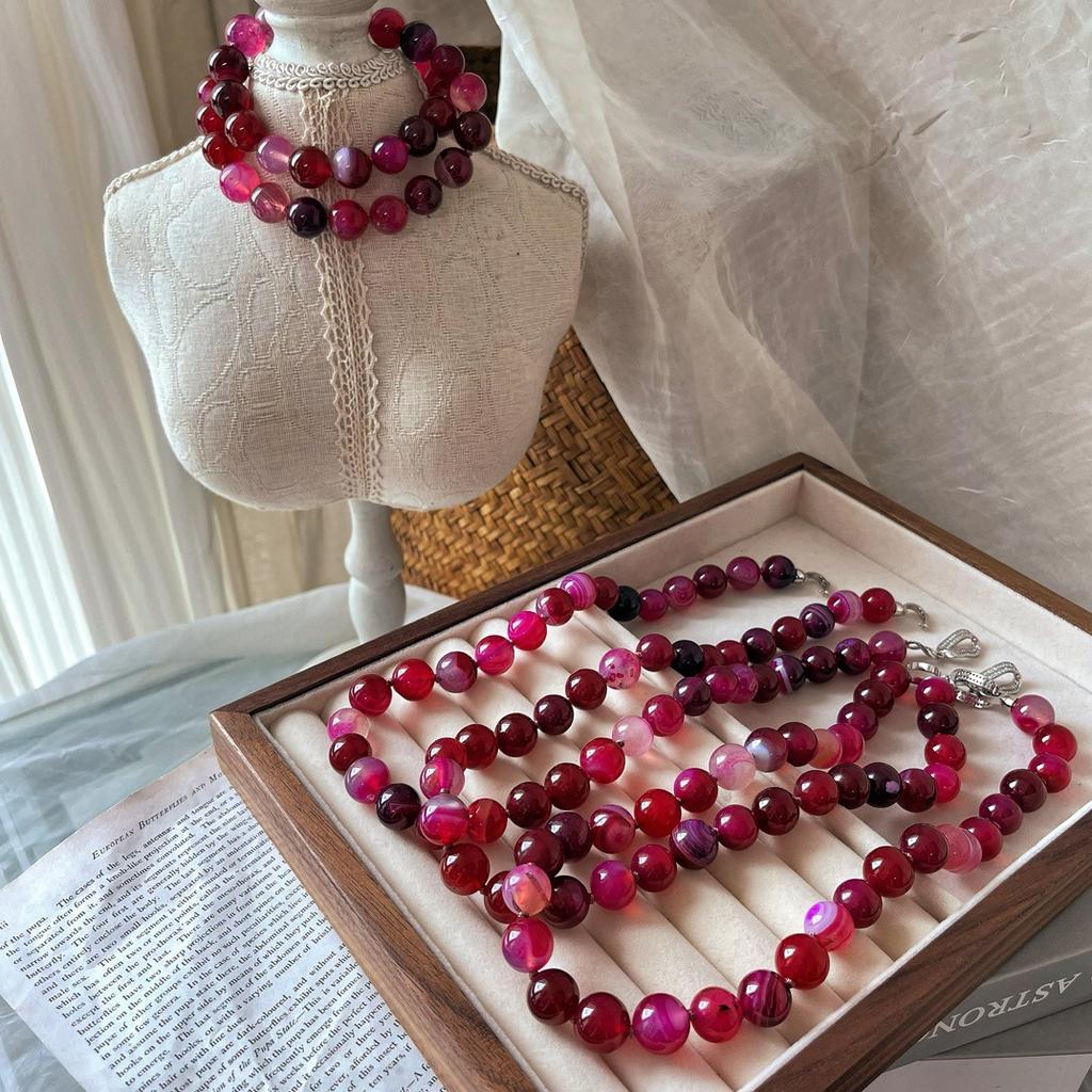 National Style Retro 12Mm Natural Rose Red Chalcedony Agate Collarbone Chain Neck Chain Necklace Women's Commuter