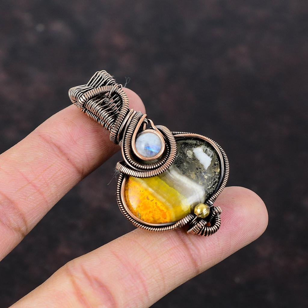 Подвеска из медной проволоки в виде яшмы шмеля, подвеска из радужного лунного камня, ювелирные изделия из натурального драгоценного камня, уникальная подвеска ручной работы, ювелирные изделия из медной проволоки
