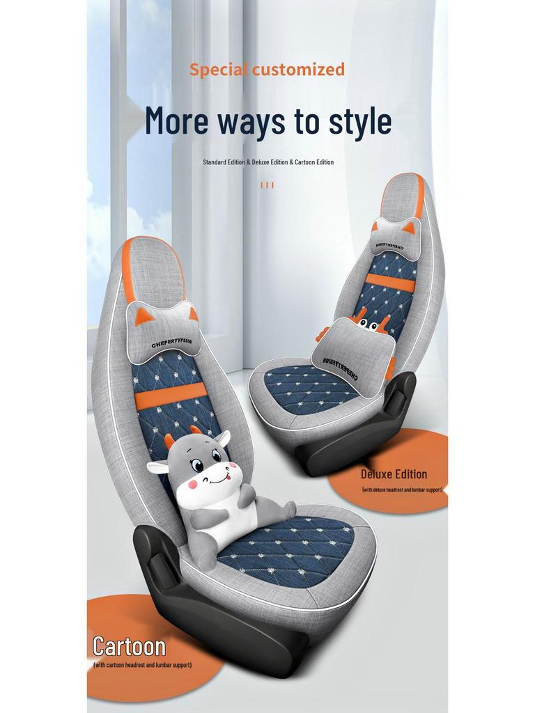 Cartoon Linen Seat Cover for Wuling Hongguang MiniEV Macaron – Full Wrap Interior Cushion