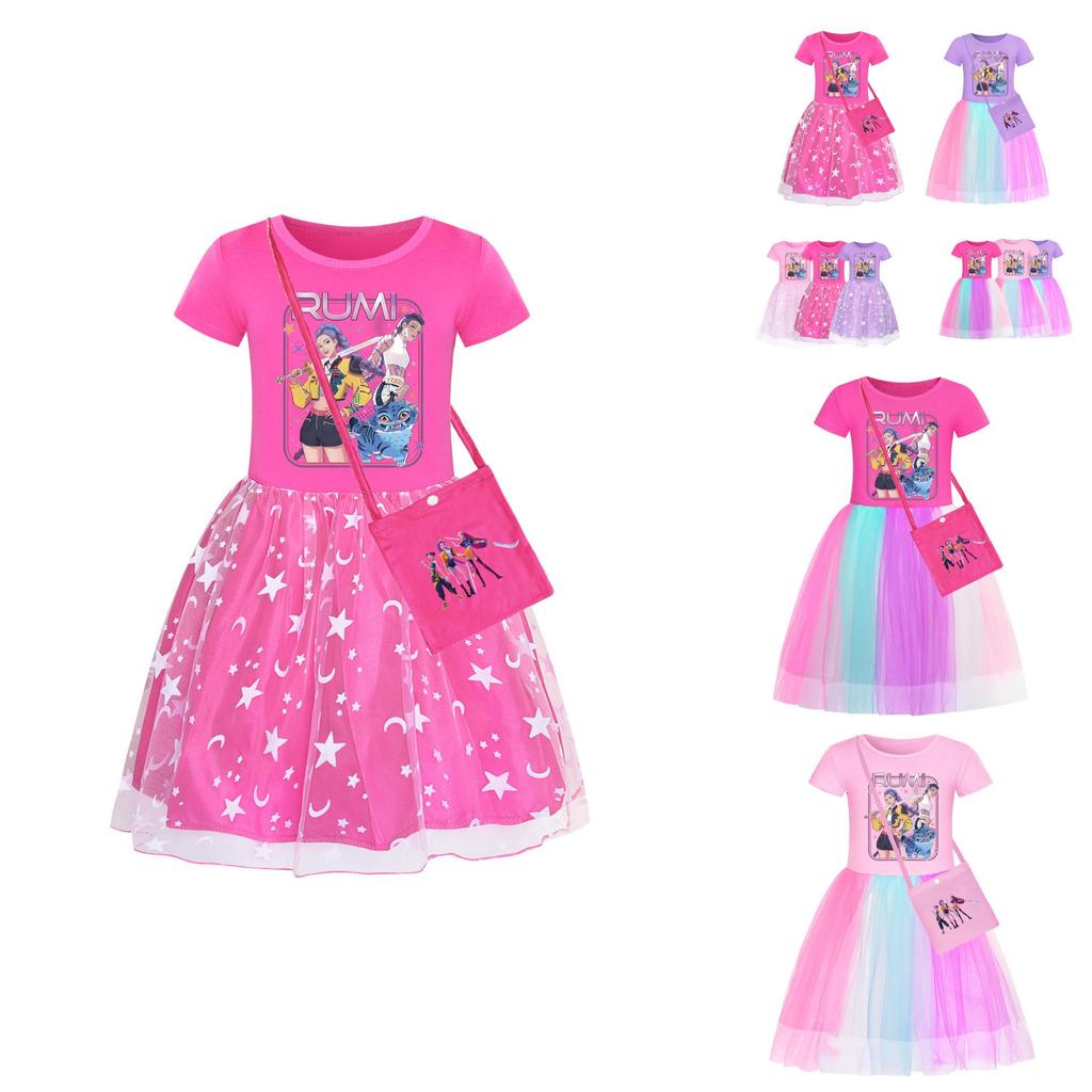 Kpop Demon Hunters Pattern Girl Dress With Cotton Fabric And Pleated Skirt For Kids Girls