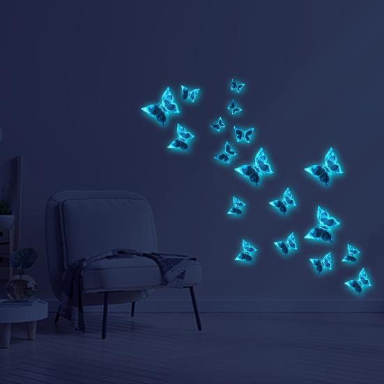 Наклейки на стену с синими бабочками, светящиеся в темноте со сверкающим эффектом, водонепроницаемые, легко наносятся, элегантные наклейки для украшения комнаты