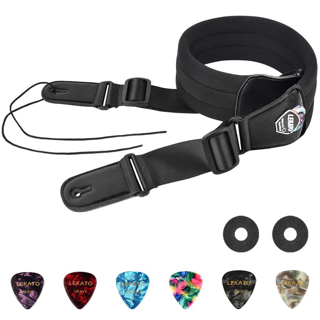 Ширина гитарного ремня Толщина Воздушная подушка в комплекте Легкая кожаная накладка на конец струны, уменьшающая нагрузку В комплекте 6 медиаторов и 2 фиксатора ремня Черный [LEKATO] 7,6 см