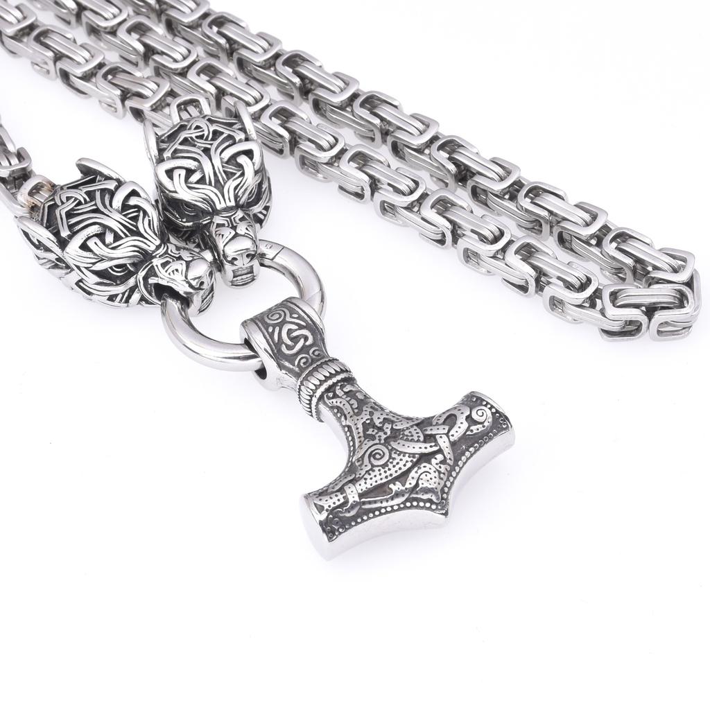 Stainless Steel Thor 'S Hammer Pendant Necklace Wolf Head Stainless Steel Necklace Men 'S Accessories