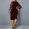 Women O Neck 3/4 Sleeve Sheer Patchwork Shiny Sequins Bodycon Knee-length Dress