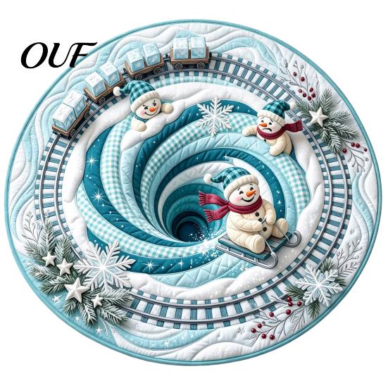 Washable Christmas Decoration Rug Round 3D Rug, Vortex Optical Illusion Area Santa Snowman Staircase Low Profile Fireplace Mat Depth Pattern, Non-slip