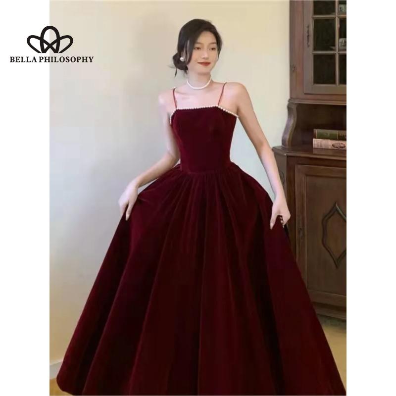 Красное бархатное винтажное платье с большой юбкой на бретелях, элитное элегантное банкетное вечернее платье длиной до щиколотки с талией