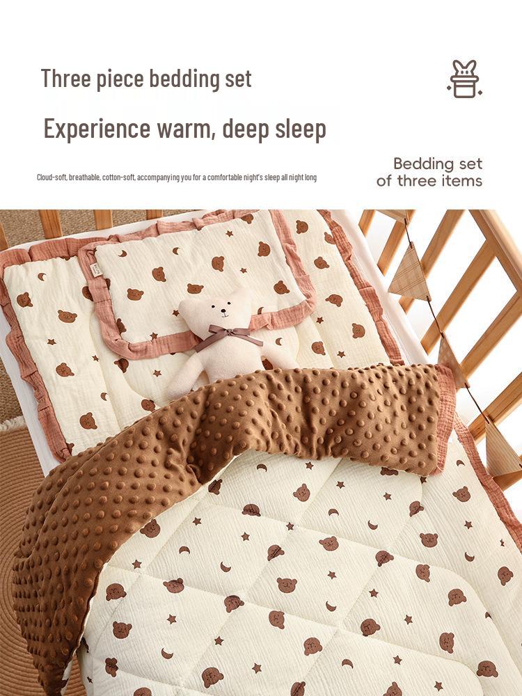 Three-Piece Pure Cotton Baby Bedding Set - Bean Cover Blanket, Cloud Pillow, Ruffled Quilt for Spring/Autumn