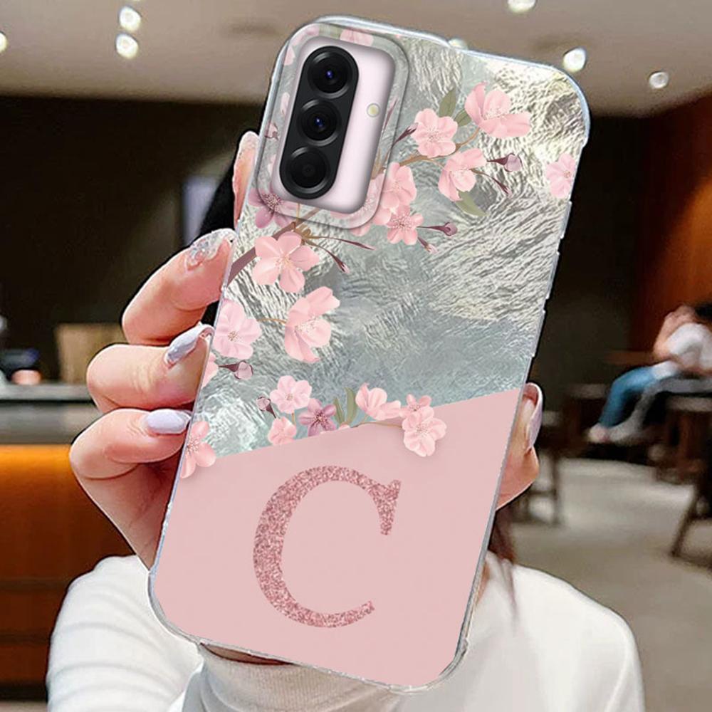 Парные чехлы для телефона с буквами A Z для Samsung Galaxy A56 A36 A16 tpu чехол Розовые цветы Силиконовый Прозрачный чехол Мягкая задняя крышка Fundas Бампер