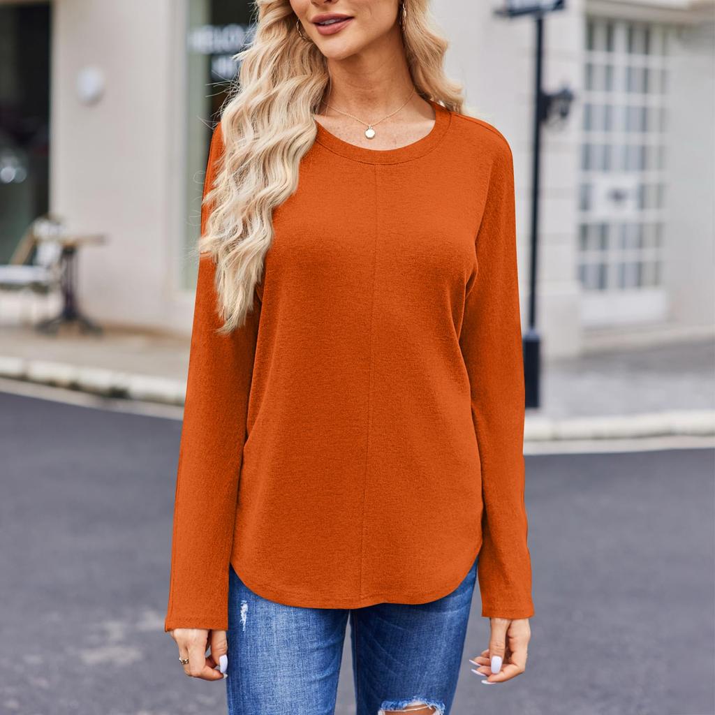 Женская модная однотонная футболка с круглым вырезом и длинным рукавом, повседневные осенние топы