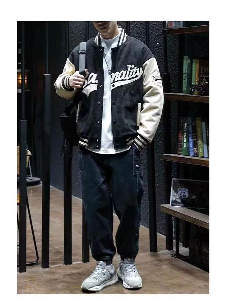 Мужская замшевая вышитая куртка-бомбер в стиле ретро - Весна/Осень