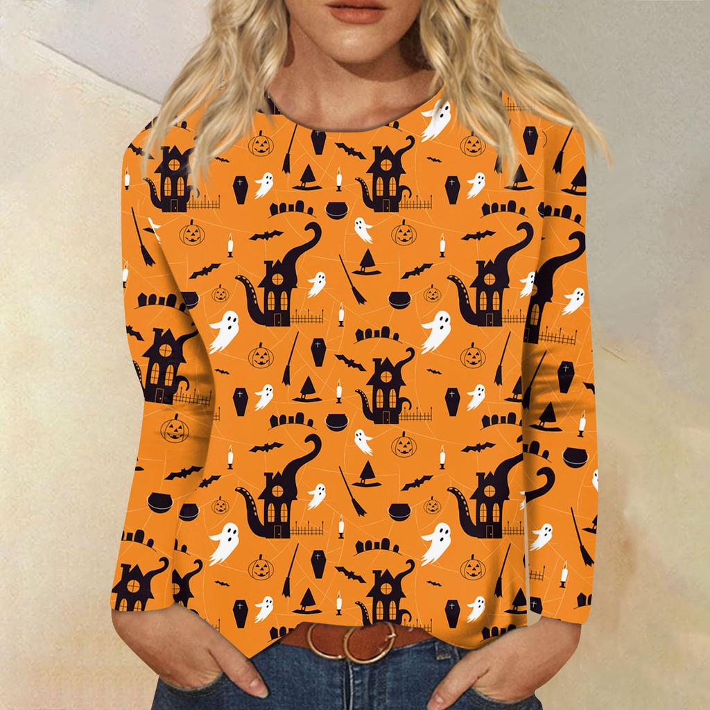 Women's Fashion Casual Long Sleeve Striped Halloween Printed Round Neck Top