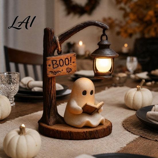 Halloween Table Centerpiece Gothic Witch Lantern Resin Tabletop Decor with Warm Glow Spooky Home Light for Shelf Desk Party Haunted House Ambiance