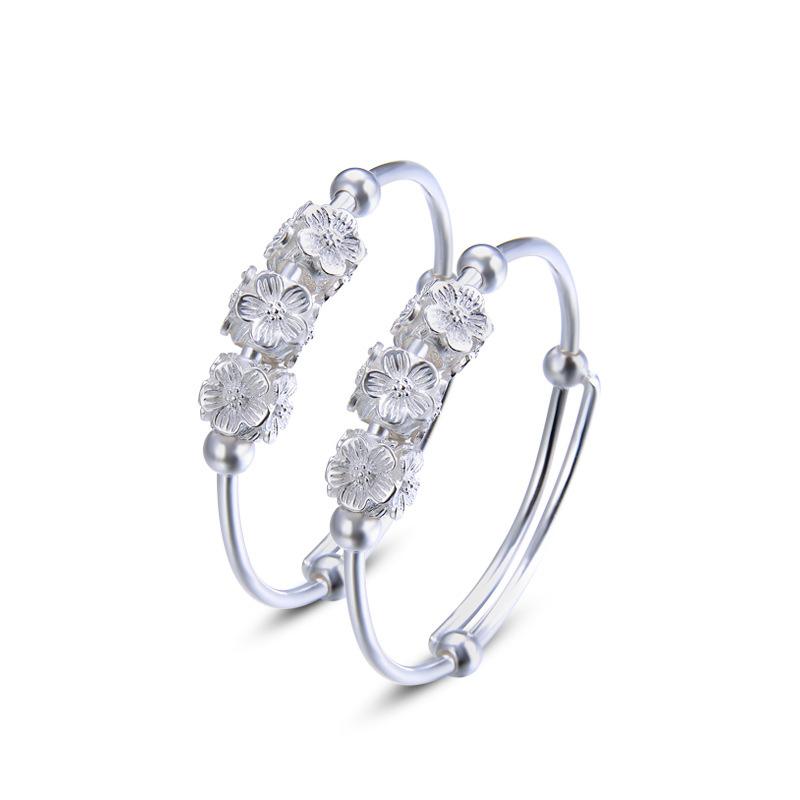 S990 Foot Silver Children's Baby Push Pull Adjustable Bracelet Women's Creative Flower Beaded Bracelet Silver Bracelet