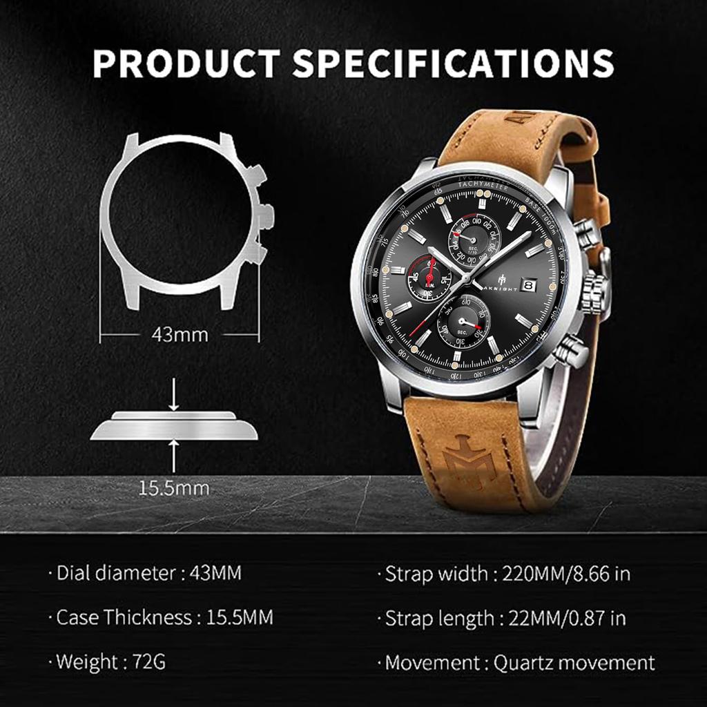 AKNIGHT Натуральная кожа Легко для ношения на руке Мужские часы для японского руководства по эксплуатации Мужские часы, модные, популярные, кварцевые, ремешок, хронограф, кристалл, см.