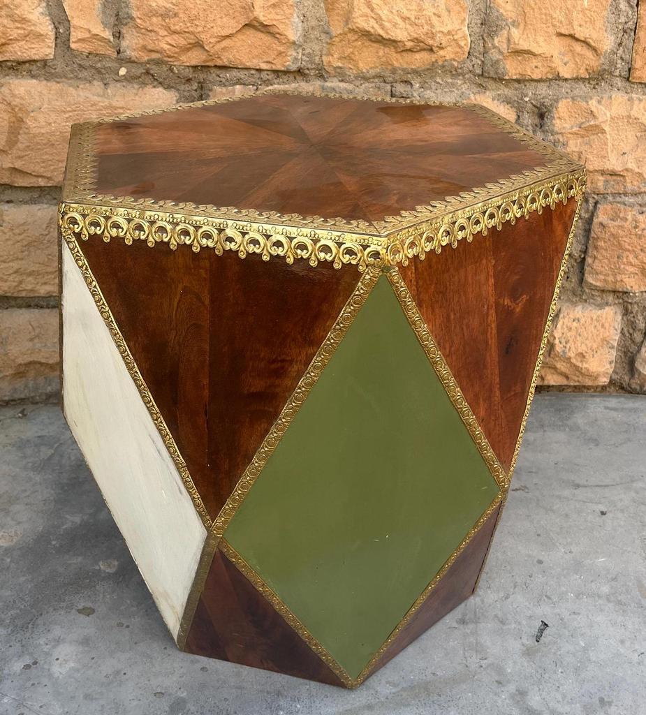 Wooden Coffee Table-India Central Home Decor Furniture-Hexagonal Side Table | Brass Inlay Accent Table | Geometric Boho End Table, Bedside