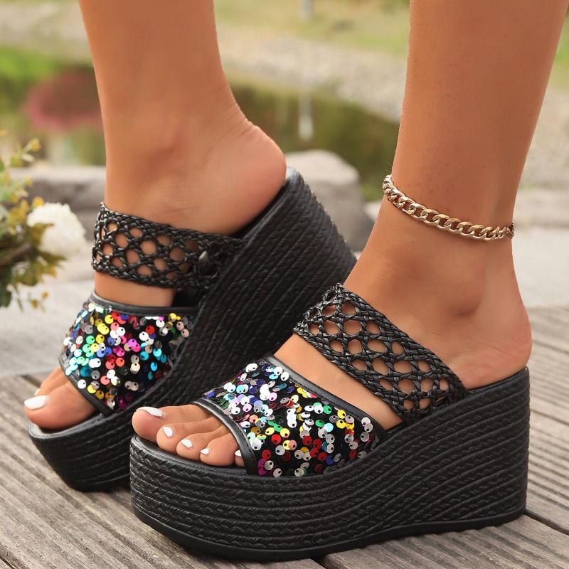 Casual Basic High Heel Women Sandals for Women 2024 New Hot Sale Summer Wedges Heel Ladies Shoes Solid Glitter Women's Sandals