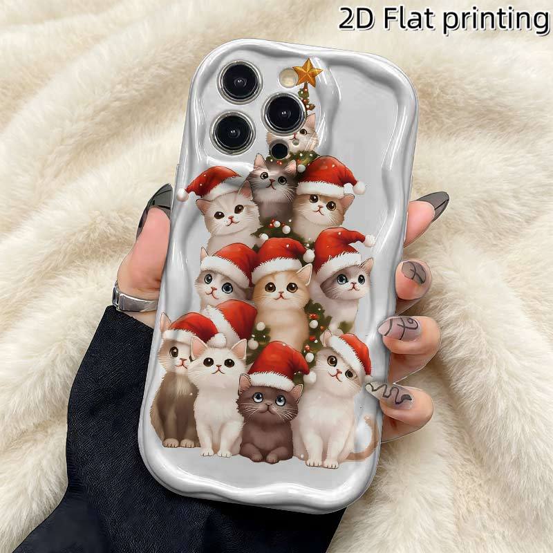 Милый Рождественский Кото-Дерево Чехол для Телефона для iPhone 17 16 15 14 13 12 11 Pro Max, Волнистый Кремово-Белый Мягкий ТПУ Защитный Чехол