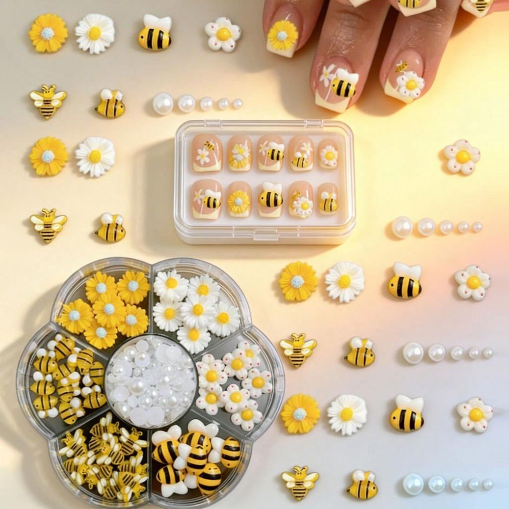 1box Cute Bee Daisy Sunflower Nail Charms 10mm Resin Yellow White Floral Nail Gems Flatback Sunflower Daisy Bee Nail Decora D@37