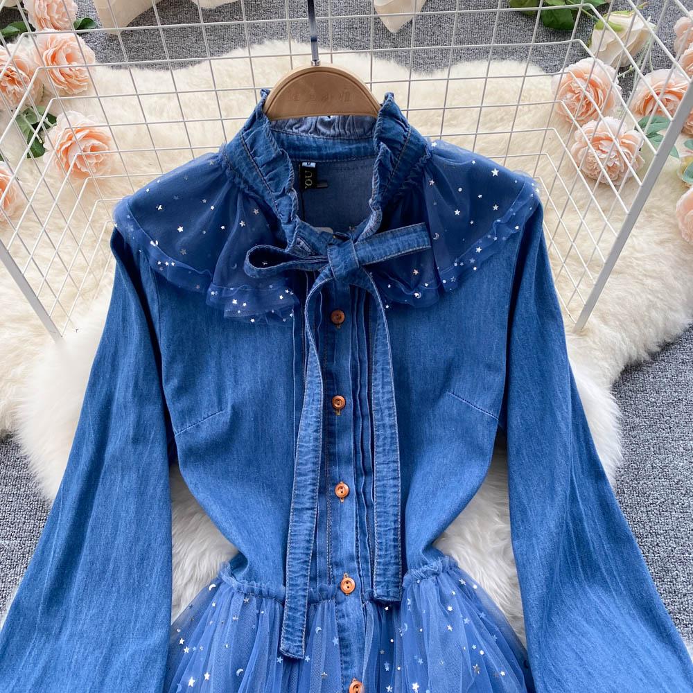 Весеннее новое платье с воротником-стойкой и застежкой на талии, элегантное платье-рубашка из денима с сетчатой строчкой и эффектом старения