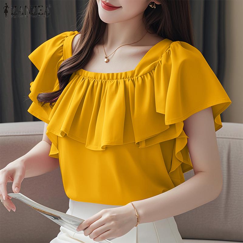 ZANZEA Женская повседневная летняя блузка с квадратным вырезом и короткими рукавами и оборками
