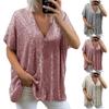 Womens Short Sleeve V Neck Glitter Sequins Loose Blouse Tops