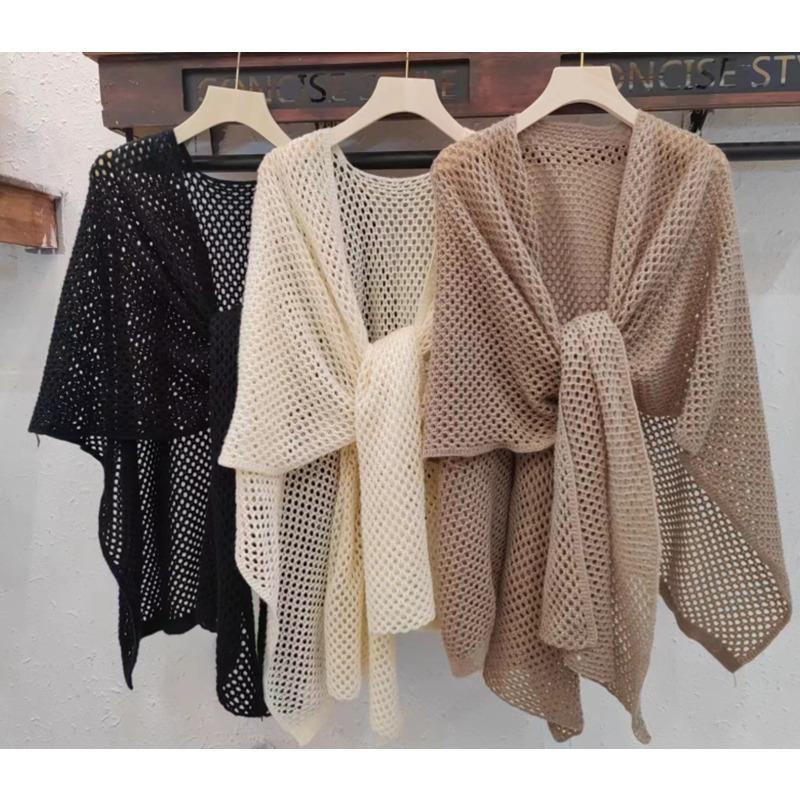Fashion Women Knitted Cardigan Cover Up Spring Autumn Sweater Elegant Solid Shawl Ponchos Hollow Out Thin Long Sweater Casual Loose Coat Clothing