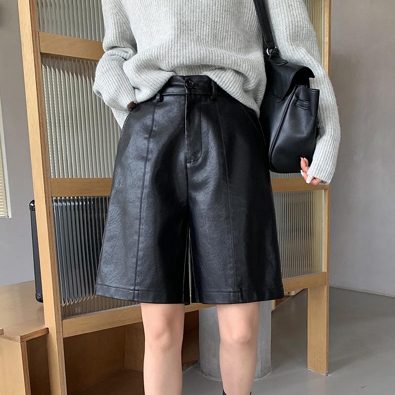 Women's Black Faux PU Leather Shorts High Waist Wide Leg Loose Pants Female Trousers