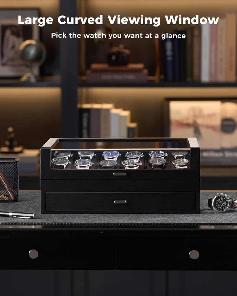 ProCase Деревянный футляр для часов, вмещает 12 часов, 2-уровневая шкатулка для часов, Органайзер для ювелирных изделий для мужчин, Витрина-футляр со стеклянной крышкой - Черный