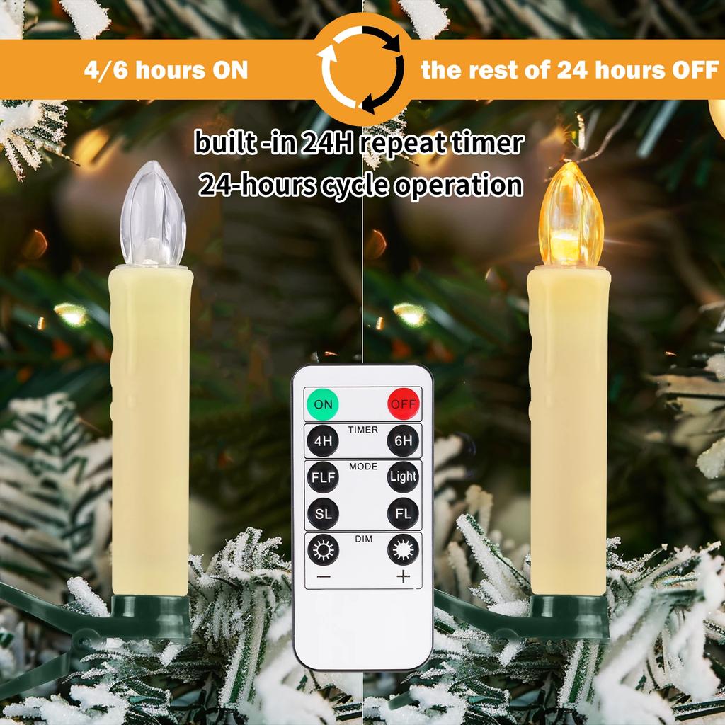 10/20/30Pc LED Flameless Flickering 12CM Taper Clip-On Candles Drip Timer Remote Control Cordless Christmas Tree Holiday Decor