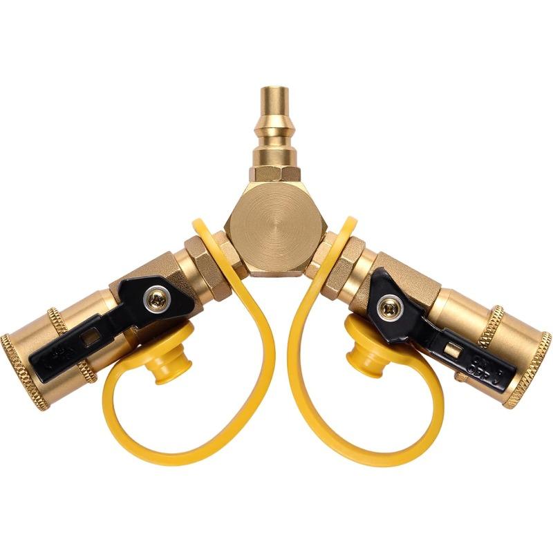 1/4" RV Propane Quick Connect Y Splitter for RV, Camping Stoves, BBQ Grills, Gas Burners and More, 2 Way LP Gas Adapter with 1/4" Quick Disconnect