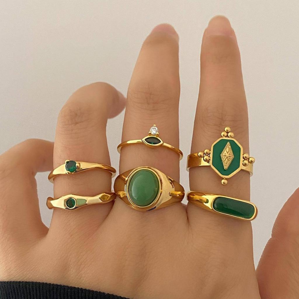 Ретро французское кольцо женское простой дизайн зеленый бриллиант кольцо повседневное универсальное кольцо украшение