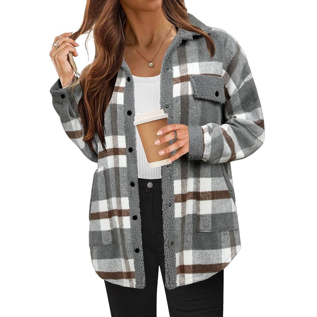 Women Long Sleeve Pullover Casual Plaid Shacket Jackets Fuzzy Fleece Button Down Open Front Jackets Outfits